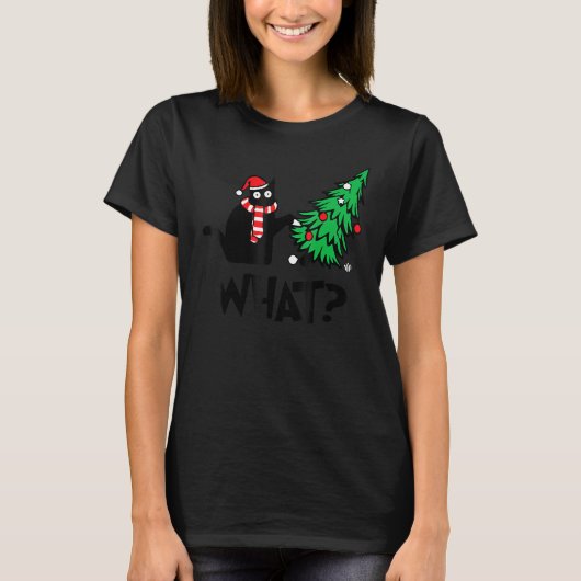 Black Cat Pushing Christmas Tree Over Cat What 2 T-shirt (Voorkant)