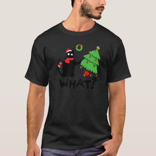 Black Cat Pushing Christmas Tree Over Cat What T-shirt (Voorkant)
