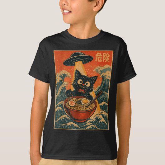 Black Cat Ramen Alien Ufo Funny Japanese Kawaii An T-shirt (Voorkant)