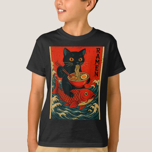 Black Cat Ramen Japanese Graphic Tees For Men Wome (Voorkant)