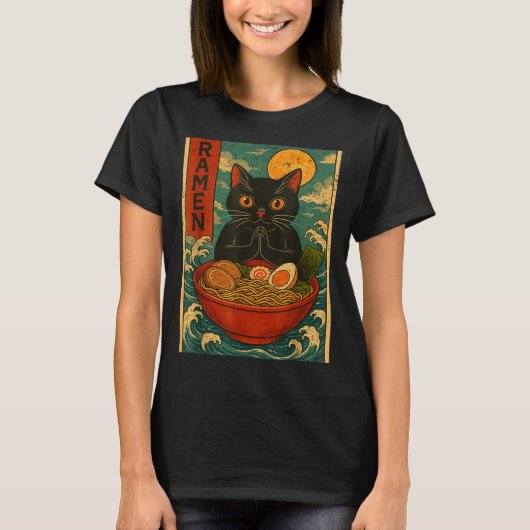 Black Cat Ramen Japanese Graphic Tees For Men Wome (Voorkant)