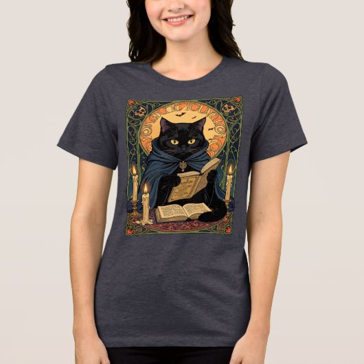 Black Cat Reading A Book Of Solstice Spells Tri-Blend Shirt (Voorkant)