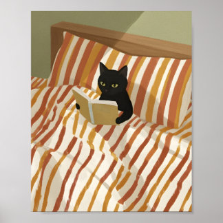Black Cat Reading in Bed | Peaceful Bedroom | Cat  Poster