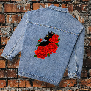 Black Cat Red Roses Paarse Denim Jacket