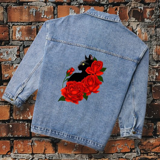 Black Cat Red Roses Paarse Denim Jacket