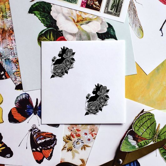 Black Cat Red Roses Paarse Rubberstempel