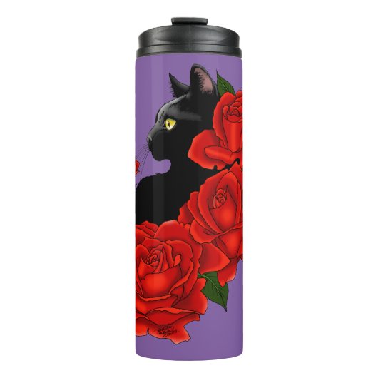 Black Cat Red Roses Paarse Thermosbeker (Voorkant)