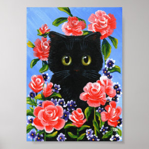 Black Cat Red Roses Summer Creationarts Poster