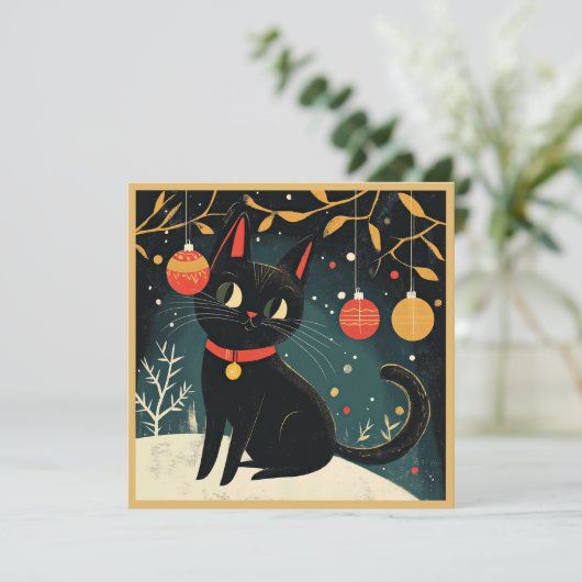 Black Cat Retro Fun Flat Holiday Kaart (Staand voorkant)