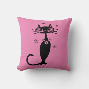 BLACK CAT RETRO THROW PINK PILLOW KUSSEN