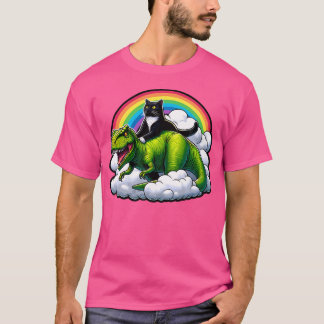 Black Cat Riding Dinosaur T Rex Regenboog Wolken F T-shirt