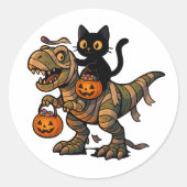 Black Cat Riding Mummy T-Rex – Schattigee Hallowee Ronde Sticker (Voorkant)