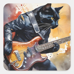 Black Cat Rock Star Leather Jacket Gitaar spelen Vierkante Sticker