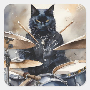 Black Cat Rock Star Spelen Drums Lederen Jas Vierkante Sticker