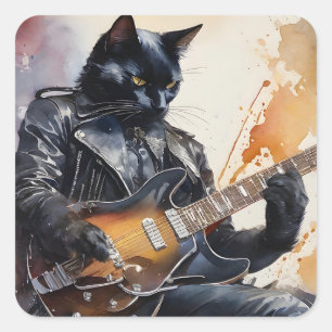 Black Cat Rock Star Spelen Gitaar Leren Jas Vierkante Sticker