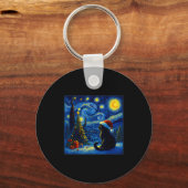 Black Cat Santa Hat Van Gogh Starry Night Christma Sleutelhanger (Voorkant)