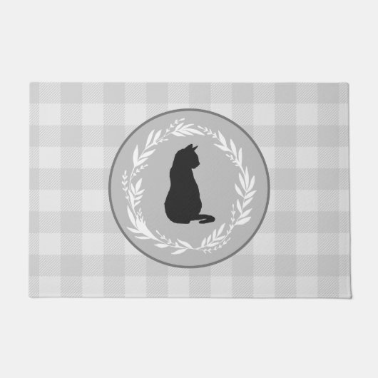 Black Cat Silhouette Buffalo Check Pattern Grey Deurmat (Voorkant)