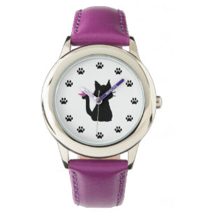 Black Cat Silhouette Pink Butterfly Horloge