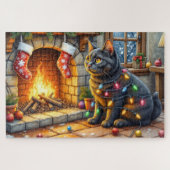 Black Cat Sitting Fireplace with Christmas Lights Legpuzzel (Horizontaal)