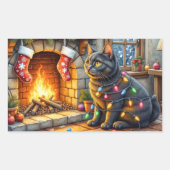 Black Cat Sitting Fireplace with Christmas Lights Rechthoekige Sticker (Voorkant)