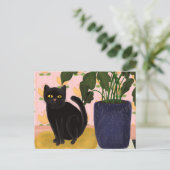 Black Cat Sitting in roze Briefkaart (Staand voorkant)