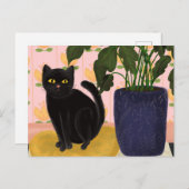 Black Cat Sitting in roze Briefkaart (Voorkant / Achterkant)