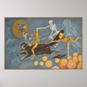 Black Cat Skeleton Ghost Witch Demon Poster