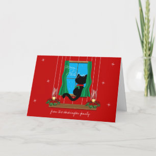Black Cat Snowy Window Merry Christmas Card Feestdagen Kaart
