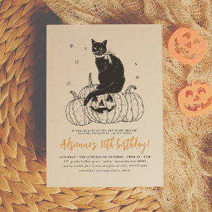 Black Cat Spooky Halloween Pumpkin Birthday Party Kaart