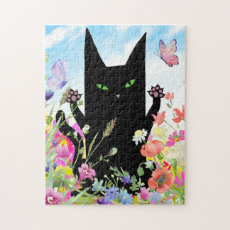 Black Cat Spring Fever: Kitty and Flowers Legpuzzel