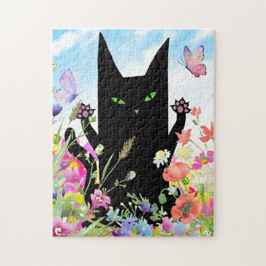 Black Cat Spring Fever:  Kitty and Flowers Legpuzzel (Verticaal)