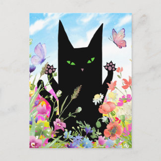 Black Cat Spring Greeting Card: Kitty and Flowers Briefkaart