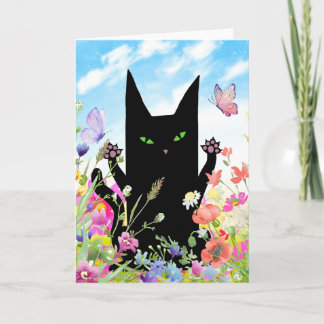 Black Cat Spring Greeting Card: Kitty and Flowers Kaart