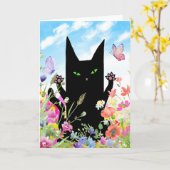 Black Cat Spring Greeting Card:  Kitty and Flowers Kaart (Gele Bloem)