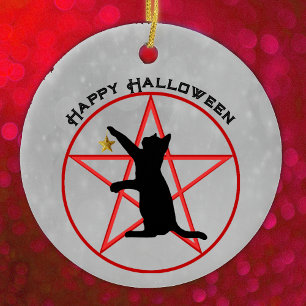 Black Cat Star Happy Halloween Pentagram Grijs Keramisch Ornament