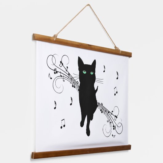 Black Cat Surrounded by Whispering Notes of Music Hangend Wandkleed (Gebogen)