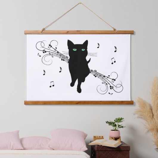 Black Cat Surrounded by Whispering Notes of Music Hangend Wandkleed (Slaapkamer)
