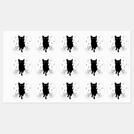 Black Cat Surrounded by Whispering Notes of Music Labels (Vel)