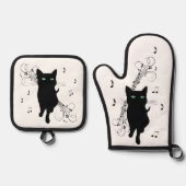 Black Cat Surrounded by Whispering Notes of Music Ovenwant & Pannenlap Set (Voorkant)