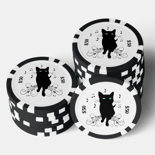 Black Cat Surrounded by Whispering Notes of Music Poker Chips (Opstapeling)