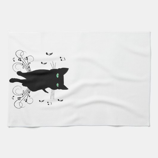 Black Cat Surrounded by Whispering Notes of Music Theedoek (Horizontaal)