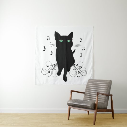 Black Cat Surrounded by Whispering Notes of Music Wandkleed (In situ)