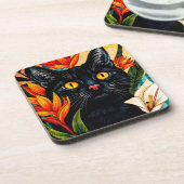 Black Cat Surrounded With Flowers Bier Onderzetter (Linkerzijde)