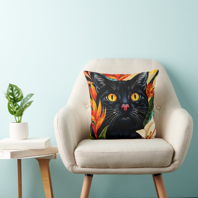 Black Cat Surrounded With Flowers Pillow Kussen (Stoel)