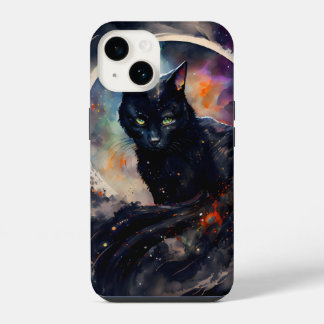 Black Cat Waterverf Eclipse Moon Artwork iPhone 14 Hoesje