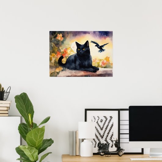 Black Cat Waterverf Wall Poster (Thuiskantoor)