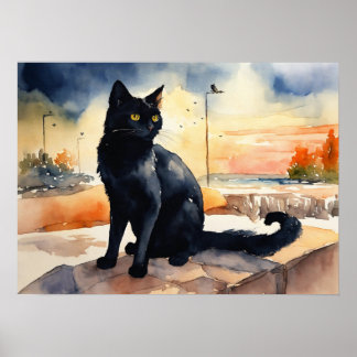 Black Cat Waterverf Wall Poster