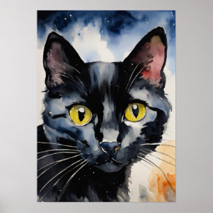 Black Cat Waterverf Wall Poster
