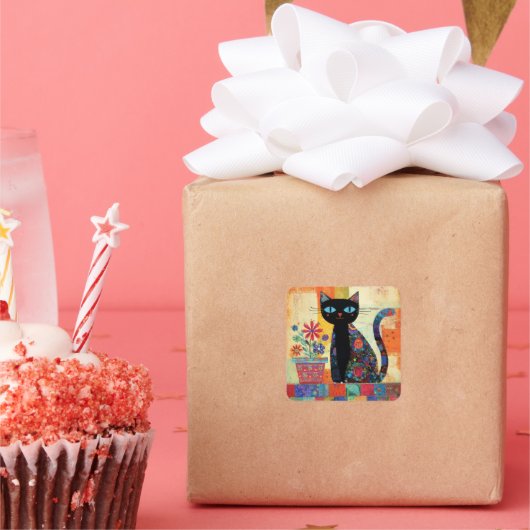 Black Cat Whimsical Artwork Vierkante Sticker (Feest)