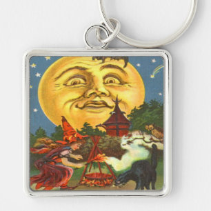 Black Cat Witch Bat Volle Maan Sleutelhanger